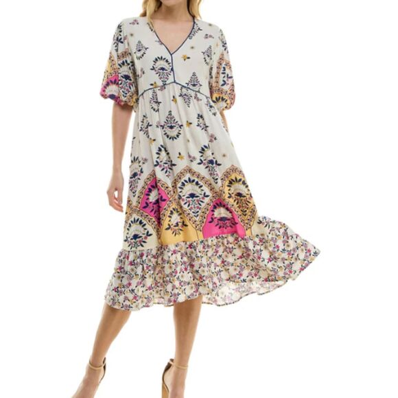 Figueroa & Flower Printed V-Neck Puff Sleeve Midi Dress Size Large Linen Blend - Picture 1 of 5